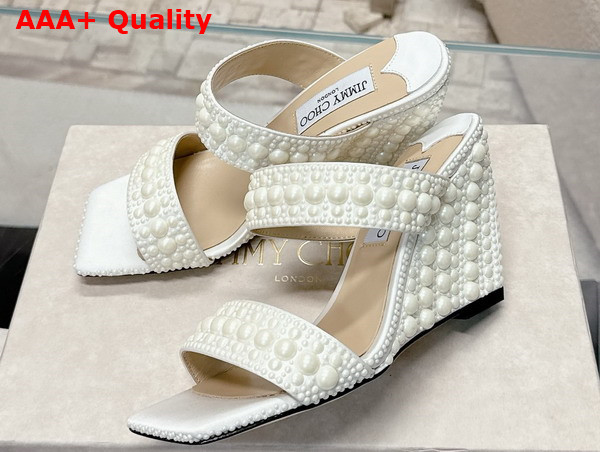 Jimmy Choo Sacoria 85 White Satin Wedge Sandals with All Over Pearls Replica