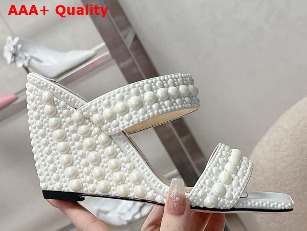 Jimmy Choo Sacoria 85 White Satin Wedge Sandals with All Over Pearls Replica