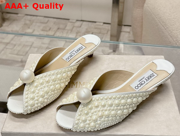 Jimmy Choo Sacoria Mule in White Satin with All Over Pearls Replica