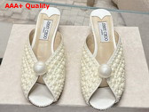 Jimmy Choo Sacoria Mule in White Satin with All Over Pearls Replica