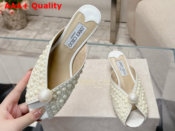Jimmy Choo Sacoria Mule in White Satin with All Over Pearls Replica