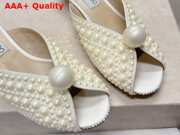 Jimmy Choo Sacoria Mule in White Satin with All Over Pearls Replica