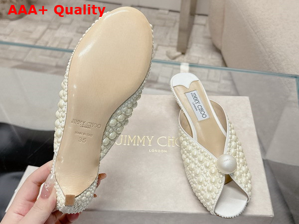 Jimmy Choo Sacoria Mule in White Satin with All Over Pearls Replica
