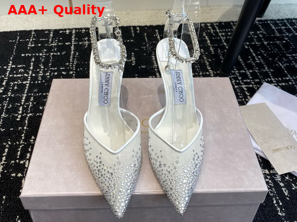 Jimmy Choo Saeda 100 White Mesh Pumps with Crystals Replica