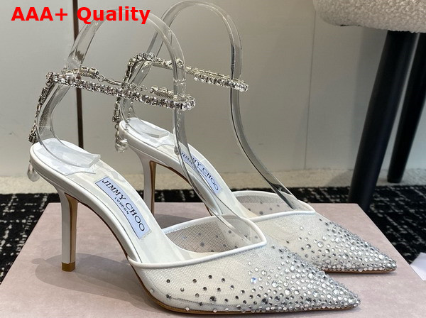 Jimmy Choo Saeda 100 White Mesh Pumps with Crystals Replica