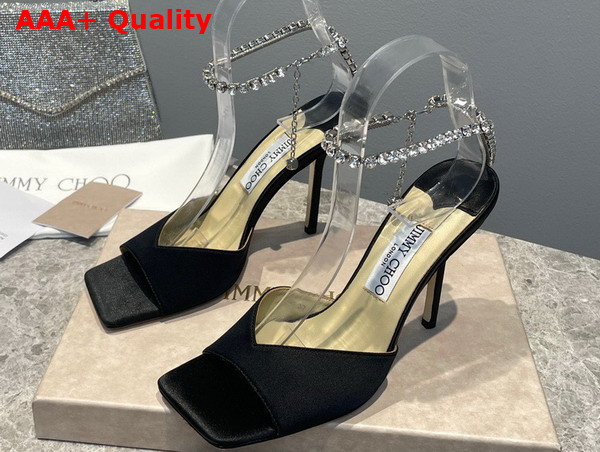 Jimmy Choo Saeda Sandal 100 Black Satin with Crystal Embellishment Replica