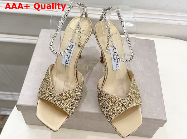 Jimmy Choo Saeda Sandal 100 Gold Satin with Crystal Embellishment Replica