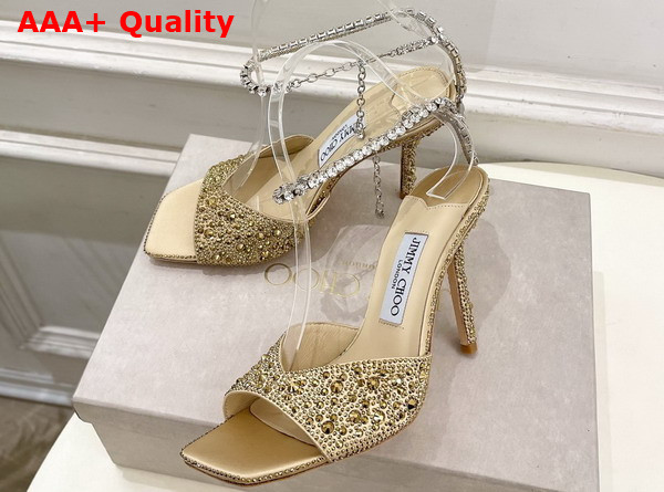 Jimmy Choo Saeda Sandal 100 Gold Satin with Crystal Embellishment Replica