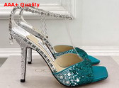 Jimmy Choo Saeda Sandal 100 Green Satin with Crystal Embellishment Replica