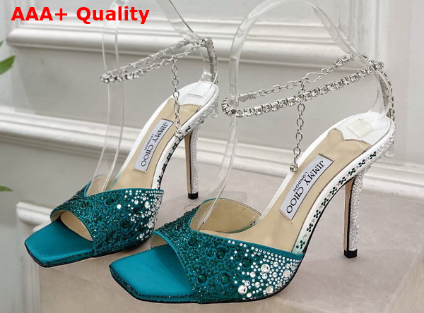 Jimmy Choo Saeda Sandal 100 Green Satin with Crystal Embellishment Replica