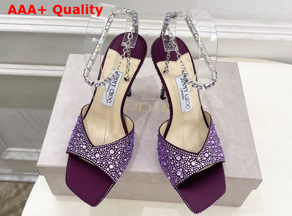 Jimmy Choo Saeda Sandal 100 Purple Satin with Crystal Embellishment Replica