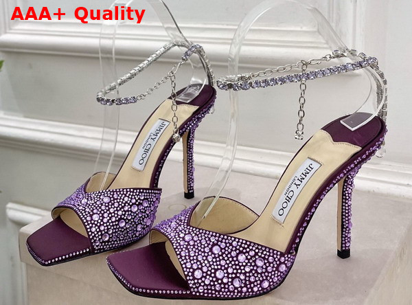 Jimmy Choo Saeda Sandal 100 Purple Satin with Crystal Embellishment Replica