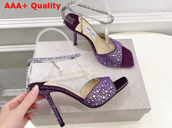 Jimmy Choo Saeda Sandal 100 Purple Satin with Crystal Embellishment Replica
