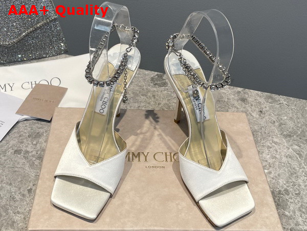 Jimmy Choo Saeda Sandal 100 White Satin with Crystal Embellishment Replica