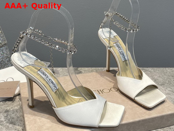 Jimmy Choo Saeda Sandal 100 White Satin with Crystal Embellishment Replica