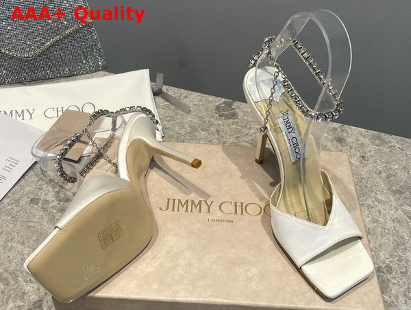 Jimmy Choo Saeda Sandal 100 White Satin with Crystal Embellishment Replica