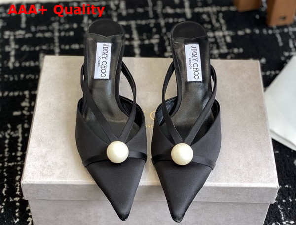 Jimmy Choo Sana Mule 50 Black Satin Mules with Pearl Embellishments Replica