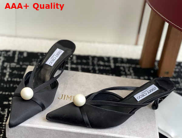 Jimmy Choo Sana Mule 50 Black Satin Mules with Pearl Embellishments Replica