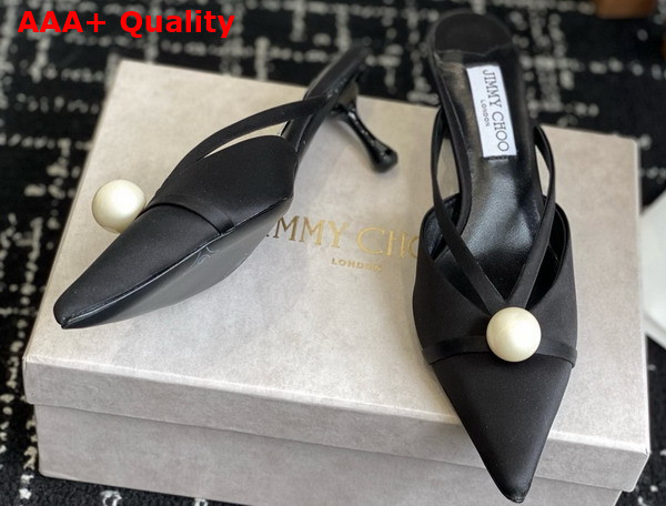 Jimmy Choo Sana Mule 50 Black Satin Mules with Pearl Embellishments Replica