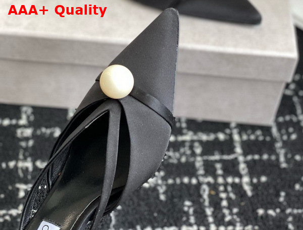 Jimmy Choo Sana Mule 50 Black Satin Mules with Pearl Embellishments Replica