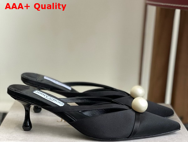 Jimmy Choo Sana Mule 50 Black Satin Mules with Pearl Embellishments Replica