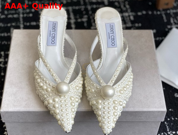 Jimmy Choo Sana Mule 50 White Satin Mules with All Over Pearl Embellishments Replica