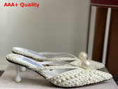 Jimmy Choo Sana Mule 50 White Satin Mules with All Over Pearl Embellishments Replica