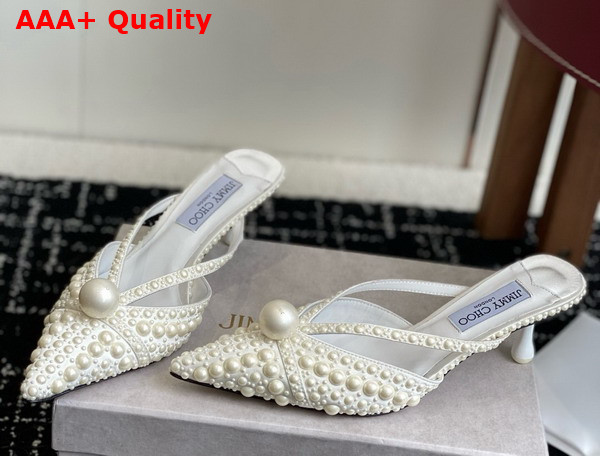 Jimmy Choo Sana Mule 50 White Satin Mules with All Over Pearl Embellishments Replica