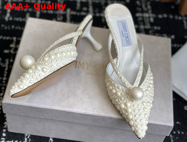 Jimmy Choo Sana Mule 50 White Satin Mules with All Over Pearl Embellishments Replica