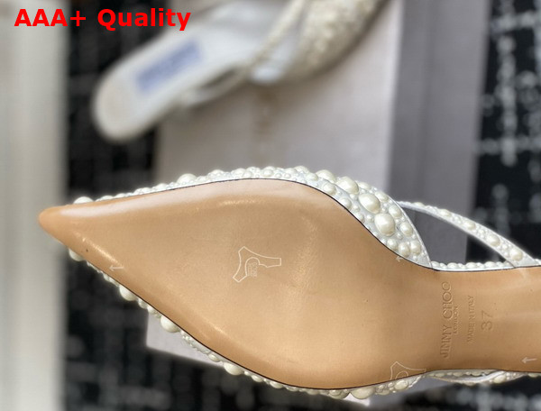 Jimmy Choo Sana Mule 50 White Satin Mules with All Over Pearl Embellishments Replica