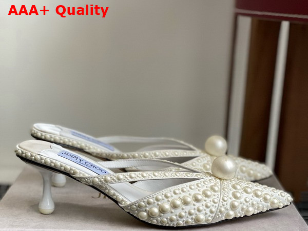 Jimmy Choo Sana Mule 50 White Satin Mules with All Over Pearl Embellishments Replica