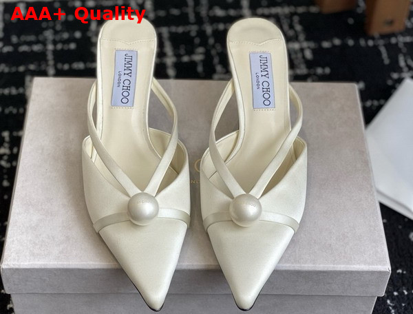 Jimmy Choo Sana Mule 50 White Satin Mules with Pearl Embellishments Replica