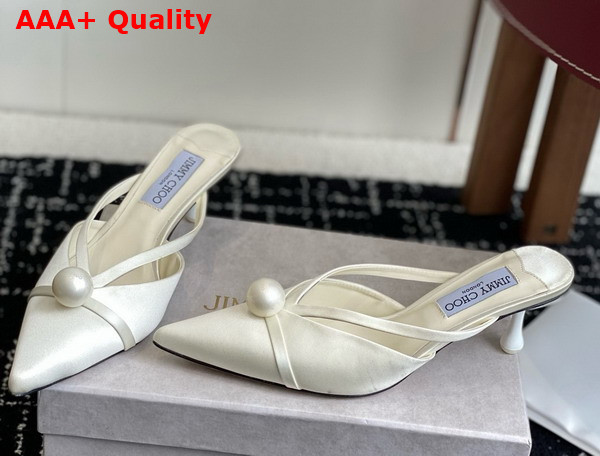Jimmy Choo Sana Mule 50 White Satin Mules with Pearl Embellishments Replica