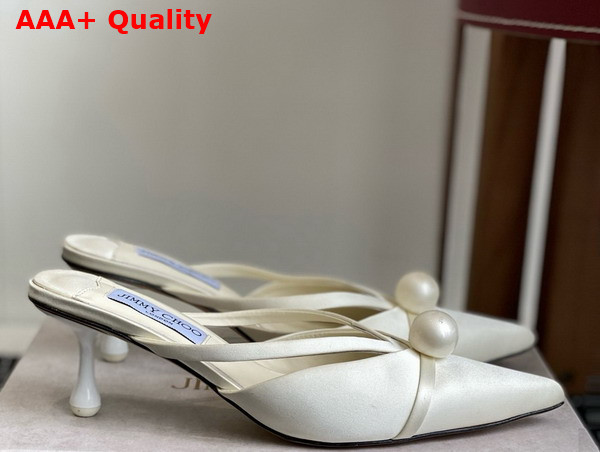 Jimmy Choo Sana Mule 50 White Satin Mules with Pearl Embellishments Replica