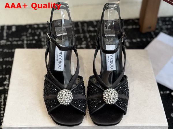 Jimmy Choo Sarai Sandal 95 Black Mesh and Satin Sandals with Degrade Galaxy Crystal and Crystal Sphere Embellishment Replica