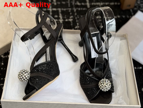 Jimmy Choo Sarai Sandal 95 Black Mesh and Satin Sandals with Degrade Galaxy Crystal and Crystal Sphere Embellishment Replica