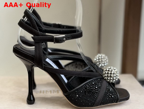 Jimmy Choo Sarai Sandal 95 Black Mesh and Satin Sandals with Degrade Galaxy Crystal and Crystal Sphere Embellishment Replica