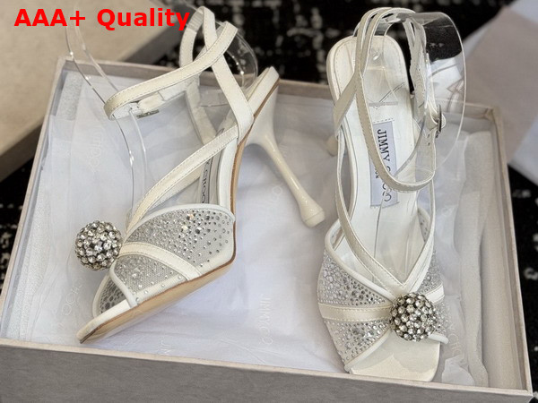 Jimmy Choo Sarai Sandal 95 Ivory Mesh and Satin Sandals with Degrade Galaxy Crystal and Crystal Sphere Embellishment Replica