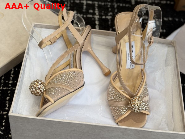 Jimmy Choo Sarai Sandal 95 Nude Mesh and Satin Sandals with Degrade Galaxy Crystal and Crystal Sphere Embellishment Replica