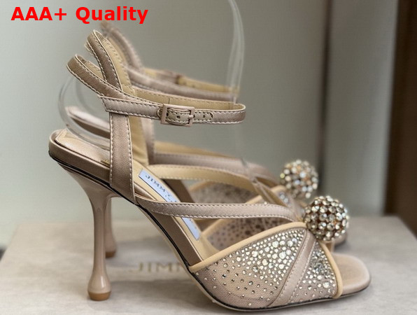 Jimmy Choo Sarai Sandal 95 Nude Mesh and Satin Sandals with Degrade Galaxy Crystal and Crystal Sphere Embellishment Replica