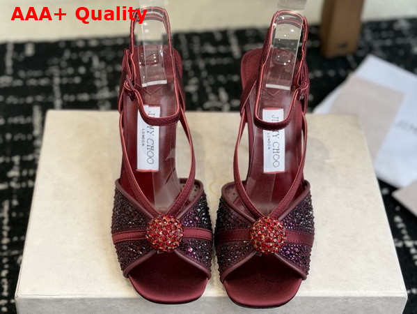 Jimmy Choo Sarai Sandal 95 Red Mesh and Satin Sandals with Degrade Galaxy Crystal and Crystal Sphere Embellishment Replica