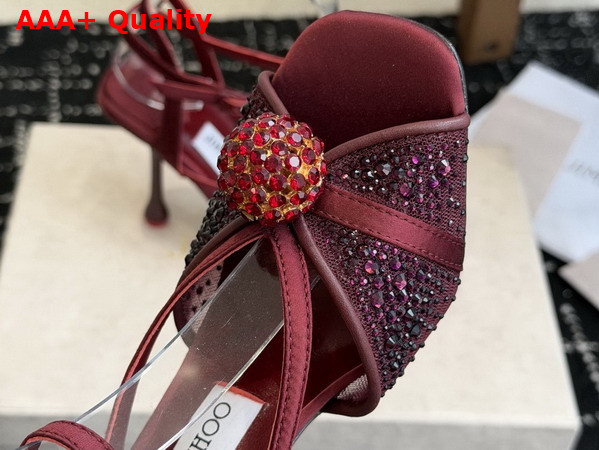 Jimmy Choo Sarai Sandal 95 Red Mesh and Satin Sandals with Degrade Galaxy Crystal and Crystal Sphere Embellishment Replica