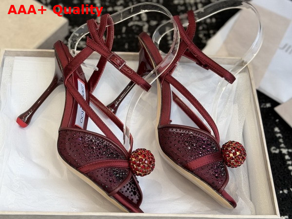 Jimmy Choo Sarai Sandal 95 Red Mesh and Satin Sandals with Degrade Galaxy Crystal and Crystal Sphere Embellishment Replica