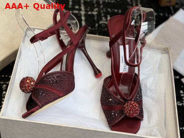 Jimmy Choo Sarai Sandal 95 Red Mesh and Satin Sandals with Degrade Galaxy Crystal and Crystal Sphere Embellishment Replica