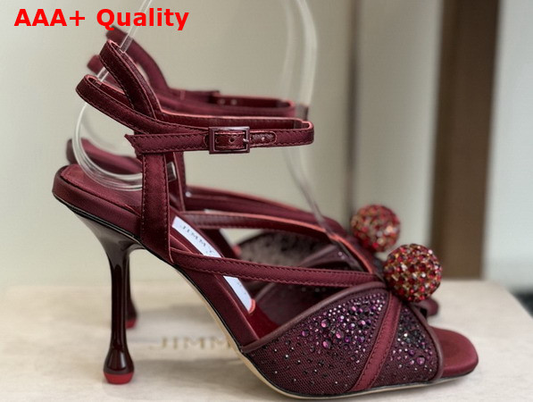 Jimmy Choo Sarai Sandal 95 Red Mesh and Satin Sandals with Degrade Galaxy Crystal and Crystal Sphere Embellishment Replica