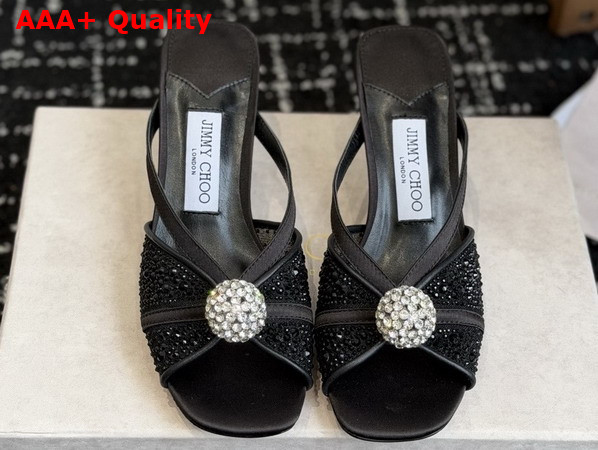 Jimmy Choo Siva Mule 50 Black Mesh and Satin Mules with Degrade Galaxy Crystal and Crystal Sphere Embellishment Replica