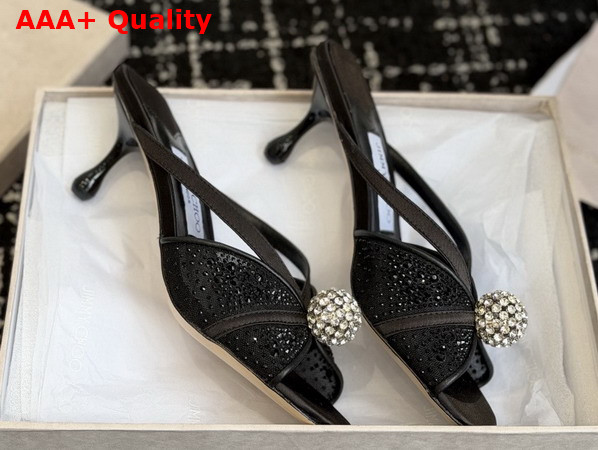 Jimmy Choo Siva Mule 50 Black Mesh and Satin Mules with Degrade Galaxy Crystal and Crystal Sphere Embellishment Replica