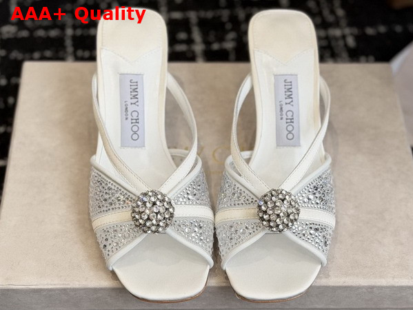 Jimmy Choo Siva Mule 50 Ivory Mesh and Satin Mules with Degrade Galaxy Crystal and Crystal Sphere Embellishment Replica