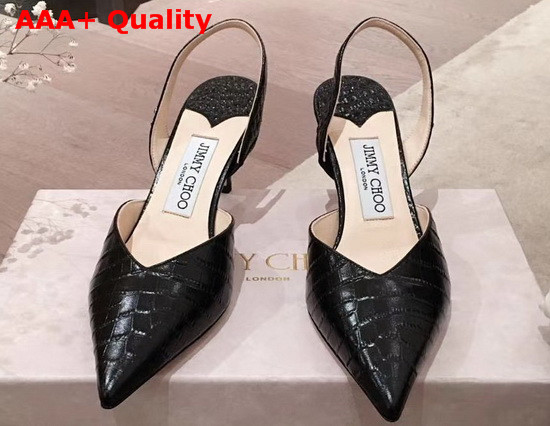 Jimmy Choo Thandi 65 Black Croc Embossed Leather Slingback Pumps with JC Emblem Replica