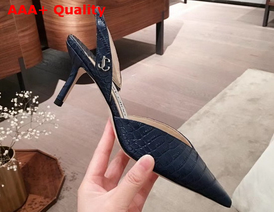 Jimmy Choo Thandi 65 Blue Croc Embossed Leather Slingback Pumps with JC Emblem Replica